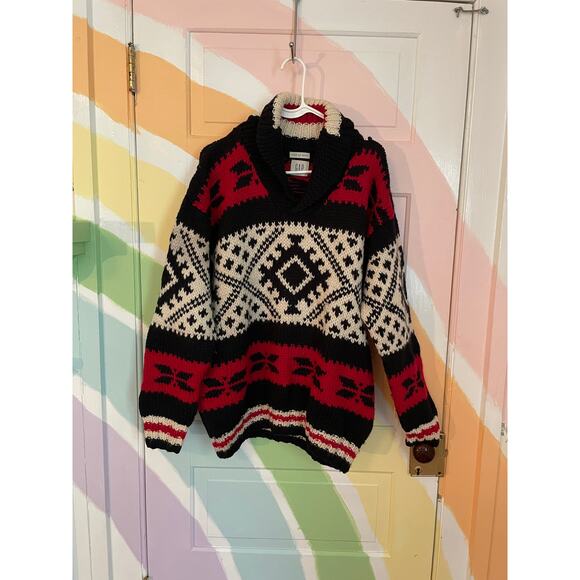 Vintage GAP Hand-Knit Wool Sweater Red Black Cream Geometric Nordic Pullover - Picture 2 of 13